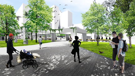 Dossier de presse | 2191-01 - Communiqué de presse | Mise en valeur du square Viger : paysage hybride ancré dans son patrimoine bâti et artistique - Ville de Montréal et NIPPAYSAGE - Architecture de paysage -     Entrée du site dégagée - rue Berri / rue Saint-Antoine <br>(îlot Daudelin)    - Crédit photo : NIPPAYSAGE