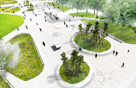 Dossier de presse | 2191-01 - Communiqué de presse | Mise en valeur du square Viger : paysage hybride ancré dans son patrimoine bâti et artistique - Ville de Montréal et NIPPAYSAGE - Architecture de paysage -   Vue à vol d'oiseau de l'axe central<br>(îlot Théberge)   - Crédit photo : NIPPAYSAGE