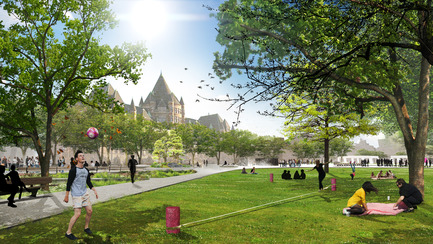 Dossier de presse | 2191-01 - Communiqué de presse | Mise en valeur du square Viger : paysage hybride ancré dans son patrimoine bâti et artistique - Ville de Montréal et NIPPAYSAGE - Architecture de paysage -   Perspective des espaces verts et polyvalents<br>(îlot Théberge)    - Crédit photo : NIPPAYSAGE