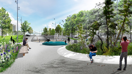 Dossier de presse | 2191-01 - Communiqué de presse | Mise en valeur du square Viger : paysage hybride ancré dans son patrimoine bâti et artistique - Ville de Montréal et NIPPAYSAGE - Architecture de paysage -   Perspective de l'aire de jeu <br>(îlot Gnass)    - Crédit photo :  NIPPAYSAGE 
