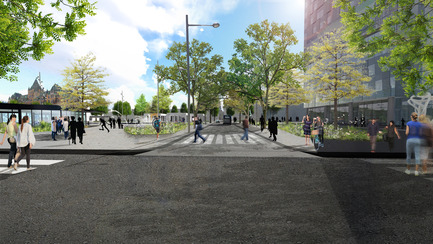 Dossier de presse | 2191-01 - Communiqué de presse | Mise en valeur du square Viger : paysage hybride ancré dans son patrimoine bâti et artistique - Ville de Montréal et NIPPAYSAGE - Architecture de paysage -   Perspective de la rue Saint-Denis<br>(entre les îlots Daudelin et Chénier)    - Crédit photo : NIPPAYSAGE