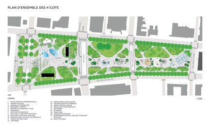 Dossier de presse | 2191-01 - Communiqué de presse | Mise en valeur du square Viger : paysage hybride ancré dans son patrimoine bâti et artistique - Ville de Montréal et NIPPAYSAGE - Architecture de paysage -  Plan d'ensemble du square et ces quatre îlots   - Crédit photo : NIPPAYSAGE