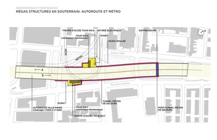 Dossier de presse | 2191-01 - Communiqué de presse | Mise en valeur du square Viger : paysage hybride ancré dans son patrimoine bâti et artistique - Ville de Montréal et NIPPAYSAGE - Architecture de paysage - Principaux éléments souterrains - Crédit photo :  NIPPAYSAGE 