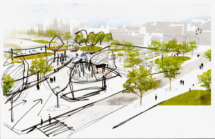 Dossier de presse | 2191-01 - Communiqué de presse | Mise en valeur du square Viger : paysage hybride ancré dans son patrimoine bâti et artistique - Ville de Montréal et NIPPAYSAGE - Architecture de paysage -   Croquis de l'articulation de la frontalité à la rue Saint-Denis&nbsp;<br>(îlot Daudelin)   - Crédit photo : NIPPAYSAGE