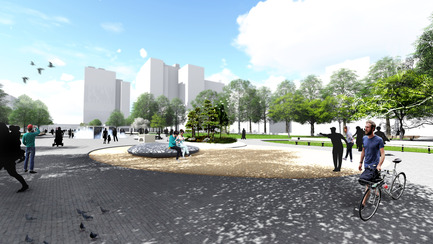 Dossier de presse | 2191-01 - Communiqué de presse | Mise en valeur du square Viger : paysage hybride ancré dans son patrimoine bâti et artistique - Ville de Montréal et NIPPAYSAGE - Architecture de paysage -   Perspective de l'axe central<br>(Îlot Théberge)   - Crédit photo : NIPPAYSAGE