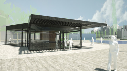 Dossier de presse | 2191-01 - Communiqué de presse | Mise en valeur du square Viger : paysage hybride ancré dans son patrimoine bâti et artistique - Ville de Montréal et NIPPAYSAGE - Architecture de paysage -   Perspective conceptuelle du bâtiment de services<br>(Îlot Daudelin)   - Crédit photo : PROVENCHER_ROY