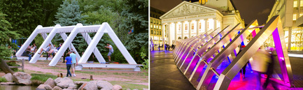Press kit | 583-15 - Press release | Major Works From the Quartier des spectacles Exhibited Abroad - Quartier des spectacles Partnership - Urban Design - Left: 21 Swings by Daily tous les jours in Colorado, Right: Iceberg by Atomic3 in Brussels - Photo credit: Daily tous les jours / Eventattitude