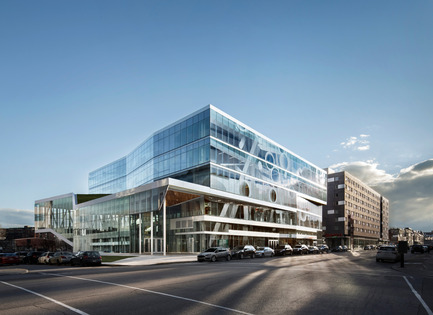 Dossier de presse | 916-06 - Communiqué de presse | Menkès Shooner Dagenais LeTourneux Architectes : de prestigieux prix pour la Maison des étudiants de l'ÉTS et la Vitrine étudiante de Polytechnique - Menkès Shooner Dagenais LeTourneux Architectes - Architecture institutionnelle -  Maison des étudiants de l'ÉTS_Façade rue Notre-Dame. Une image imprimée voile et dévoile les activités aux étages supérieurs du nouveau pavillon  - Crédit photo : Stephane Brugger