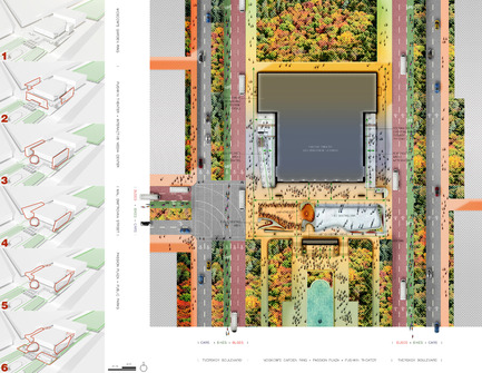 Dossier de presse | 2266-01 - Communiqué de presse | Pushkinsky International Cinema Hall at Moscow - Revitalization - MetropolitanmomentuM - Architecture institutionnelle -  Massing Diagrams and Ground Level Floor Plan<br>  - Crédit photo : Pablo Osorio<br>