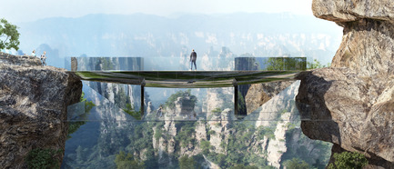 Dossier de presse | 1040-04 - Communiqué de presse | Zhangjiajie - Martin Duplantier Architectes - Architecture de paysage -  Placée sur les rochers, cette passerelle sur deux niveaux invite les visiteurs à apprécier le paysage. Le niveau supérieur relie les deux côtés, tandis que le bas permet de rester suspendu "dans l'air".&nbsp;  - Crédit photo : ©Martin Duplantier Architectes
