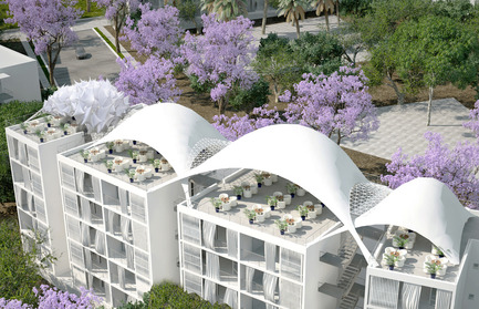 Dossier de presse | 1136-04 - Communiqué de presse | Social Housing "Colline aux Oliviers" - Philippe Barriere Collective (PB+Co) - Immobilier - Brick Rooftop Café with Restaurant.&nbsp; - Crédit photo :  Abderhrrahman Ezzine 