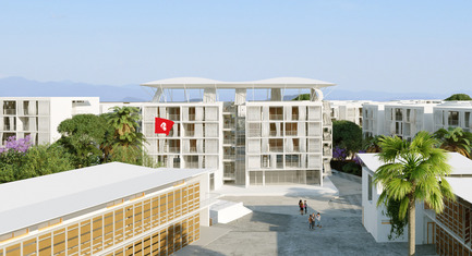 Dossier de presse | 1136-04 - Communiqué de presse | Social Housing "Colline aux Oliviers" - Philippe Barriere Collective (PB+Co) - Immobilier - View from the Elementary School looking towards the cultural center&nbsp; - Crédit photo :  Abderrahmen&nbsp;Ezzine
