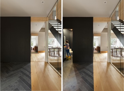 Dossier de presse | 2242-01 - Communiqué de presse | Lévesque Project - Mélissa Ohnona Design - Design d’intérieur résidentiel -  The black cube conceals a powder room as well as the washer and dryer.  - Crédit photo : Maxime Brouillet