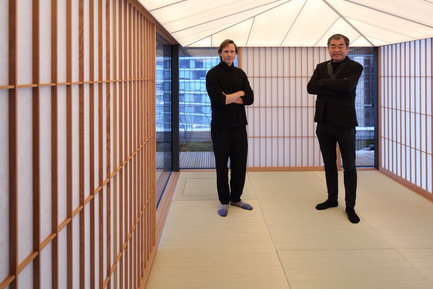 Press kit | 2051-04 - Press release | Japan Unlayered Officially Opens - Westbank | Peterson - Event + Exhibition -         Ian Gillespie, Founder of Westbank with architect, Kengo Kuma in a traditional teahouse, designed by Kengo Kuma, and just completed in Vancouver, British Columbia - Photo credit: Ema Peter