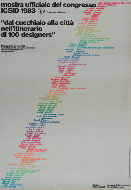 Dossier de presse | 748-30 - Communiqué de presse | Voyage dans l’univers du designer graphique italien Heinz Waibl au Centre de design de l’UQAM - Centre de design de l'UQAM - Évènement + Exposition - “Dal cucchiaio alla città nell’itinerario di 100 designers”<br>Manifesto per la mostra ufficiale del congresso ICSID&nbsp;<br>23.10.1983&nbsp; - Crédit photo : ADI Assarredo in collaborazione con Philip Morris, Milano (versi<br>one italiana)&nbsp;<br>stampa offset su carta&nbsp;<br>99 x 68,5 cm