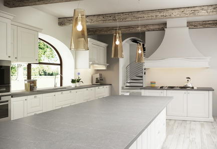 Dossier de presse | 2349-01 - Communiqué de presse | Silestone Unveils Eternal Collection with new N-Boost Technology - Cosentino - Produit - The soft, grey tone of Eternal Serena comes from the distinguished beauty of Italian sandstone. The fine, gentle white veins provide just the right amount of contrast to the rock-like surface.<span lang="EN-CA"></span><br>   - Crédit photo : Cosentino