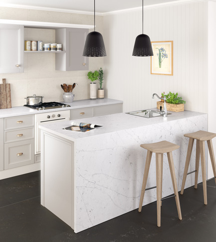 Dossier de presse | 2349-01 - Communiqué de presse | Silestone Unveils Eternal Collection with new N-Boost Technology - Cosentino - Produit - Eternal Statuario is inspired by classic Italian Carrara marble with fine, feathered veining that combines white and grey tones.<br>  - Crédit photo : Cosentino