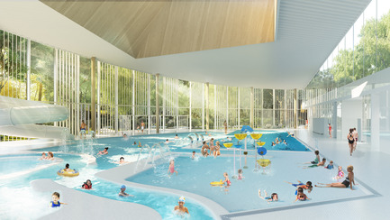 Dossier de presse | 752-04 - Communiqué de presse | Le consortiumNFOE/ HCMAremporte le concours du Complexe Aquatique de Laval - Consortium NFOE/ HCMA - Architecture institutionnelle - Vue intérieure - Crédit photo : Ville de Laval