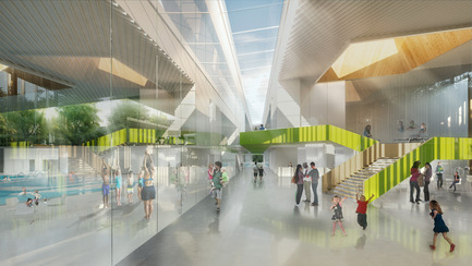 Dossier de presse | 752-04 - Communiqué de presse | Le consortiumNFOE/ HCMAremporte le concours du Complexe Aquatique de Laval - Consortium NFOE/ HCMA - Architecture institutionnelle - Vue intérieure - hall - Crédit photo : Ville de Laval