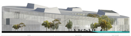Dossier de presse | 752-04 - Communiqué de presse | Le consortiumNFOE/ HCMAremporte le concours du Complexe Aquatique de Laval - Consortium NFOE/ HCMA - Architecture institutionnelle - Élévation B - Crédit photo : Ville de Laval
