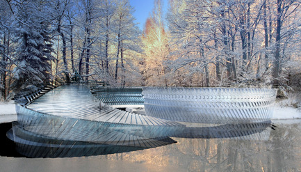 Press kit | 2121-05 - Press release | Photovoltaic Ice Skating Rink - Margot Krasojević Architects - Commercial Architecture - External view of Ice skating ring on natural lake - Photo credit: Margot Krasojević