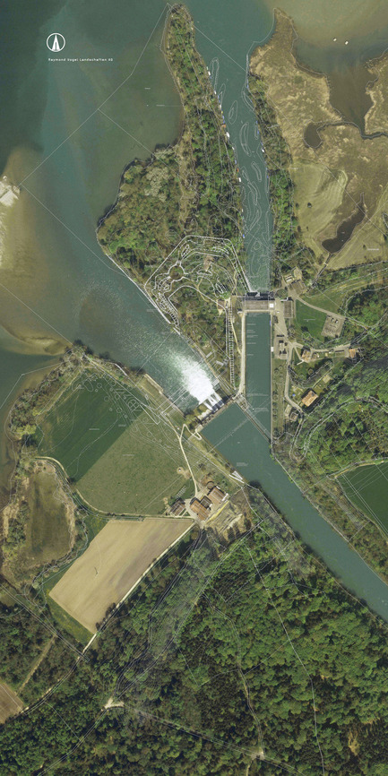 Dossier de presse | 2230-01 - Communiqué de presse | A new Landscape for the New Hydropower Plant Hagneck in Switzerland - Raymond Vogel Landschaften AG - Architecture de paysage -  Aerial view of the site before the construction of the new hydropower plant. The new project is drawn in white lines.  - Crédit photo :  Raymond Vogel Landschaften AG, Zürich<br> 