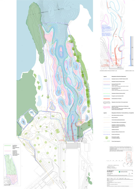 Dossier de presse | 2230-01 - Communiqué de presse | A new Landscape for the New Hydropower Plant Hagneck in Switzerland - Raymond Vogel Landschaften AG - Architecture de paysage -  Construction project, plan with contour lines of the lower waters connected to the lake.&nbsp;<br> 			<br> 		<br> 	    - Crédit photo :    	 		 		 	 	 		 			 				 					Raymond Vogel Landschaften AG, Zürich  				<br> 	  