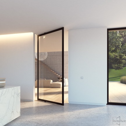Dossier de presse | 2163-02 - Communiqué de presse | Portapivot reçoit un iF Design Award pour une charnière pivotante novatrice - Portapivot - Produit - Portapivot 6530 glass and black aluminium pivot door - Crédit photo : Portapivot