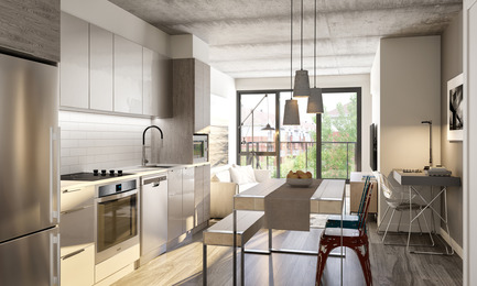 Dossier de presse | 2056-05 - Communiqué de presse | DevMcGill et TGTA dévoilent la conception du tout nouveau projet de condominiums Ateliers Castelnau au coeur du Mile-Ex - DevMcGill et TGTA - Immobilier - Salle de séjour - Crédit photo : DevMcGill