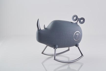 Dossier de presse | 2541-01 - Communiqué de presse | The Endangered - Trigger Design - Design industriel - The Endangered: Rhino<br>366(L) X 210(W) X 304(H) mm<br>ABS, painted, cracked cement textured. Black Chrome on aluminum<br>Scent: Sierra by AllSense Scent Lab - Crédit photo : Cause &amp; Effect Studio
