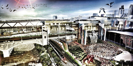 Dossier de presse | 2266-02 - Communiqué de presse | MetropolitanmomentuM Unveils Two Projects that Reimage the Los Angeles River - MetropolitanmomentuM - Architecture de paysage - Aerial Near View-LA River Habitable Bridge - Crédit photo : MetropolitanmomentuM