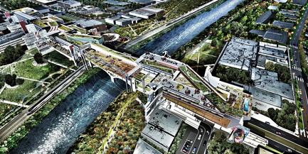 Dossier de presse | 2266-02 - Communiqué de presse | MetropolitanmomentuM Unveils Two Projects that Reimage the Los Angeles River - MetropolitanmomentuM - Architecture de paysage - Aerial Far View-LA River Habitable Bridge - Crédit photo : MetropolitanmomentuM