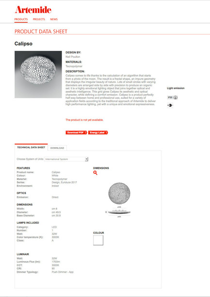 Press kit | 2421-01 - Press release | Calipso - Neil Poulton for Artemide - Lighting Design - Calipso Data Sheet (English) - Photo credit: Artemide