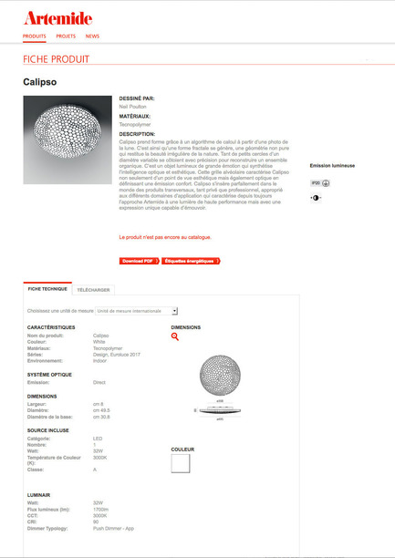 Press kit | 2421-01 - Press release | Calipso - Neil Poulton for Artemide - Lighting Design - Calipso Fiche Produit (Francais) - Photo credit: Artemide