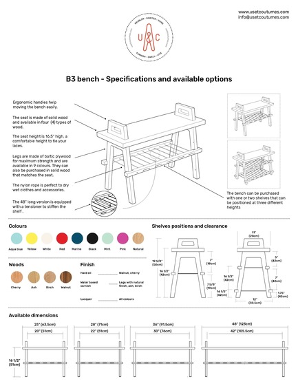 Dossier de presse | 2391-01 - Communiqué de presse | Us & Coutumes réinvente le meuble personnalisable pour petits espaces - Us & Coutumes - Design industriel - Banc B3: Caractéristiques et options disponibles (version anglaise) - Crédit photo : Us &amp; Coutumes