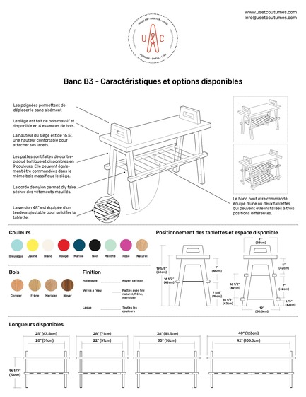 Dossier de presse | 2391-01 - Communiqué de presse | Us & Coutumes réinvente le meuble personnalisable pour petits espaces - Us & Coutumes - Design industriel - Banc B3: Caractéristiques et options disponibles - Crédit photo : Us &amp; Coutumes