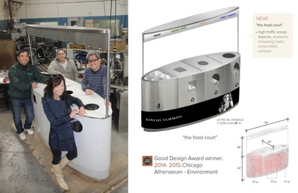 Press kit | 2707-01 - Press release | EcoTrio® Commercial Recycling Bins - EcoTrio®, LLC - Industrial Design -   EcoTrio® "The Food Court" Commercial Recycling Bin - with Sstl Fabrication Team: &nbsp;Wayne Chiem (front right), Huey Nguyen (left back) Cuong Nguyen (right back) &nbsp;(US Pat. No. D766 532&nbsp;© 2016 ecotrio®, llc)<br> - Photo credit: Trung Nguyen