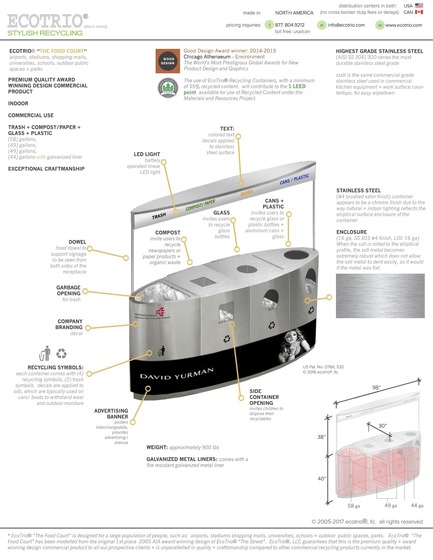 Press kit | 2707-01 - Press release | EcoTrio® Commercial Recycling Bins - EcoTrio®, LLC - Industrial Design -  EcoTrio® "The Food Court" Commercial Recycling Bin - Product Data + Specifications&nbsp;(US Pat. No. D766 532&nbsp;© 2016 ecotrio®, llc) - Photo credit: Deborah Kang