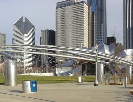 Press kit | 2707-01 - Press release | EcoTrio® Commercial Recycling Bins - EcoTrio®, LLC - Industrial Design -  EcoTrio® "The Millennium" Commercial Recycling Bin with Frank Gehry Bandshell - &nbsp;Millennium Park, Chicago&nbsp;(US Pat. No. D566 364 © 2008 ecotrio®, llc) - Photo credit: Deborah Kang