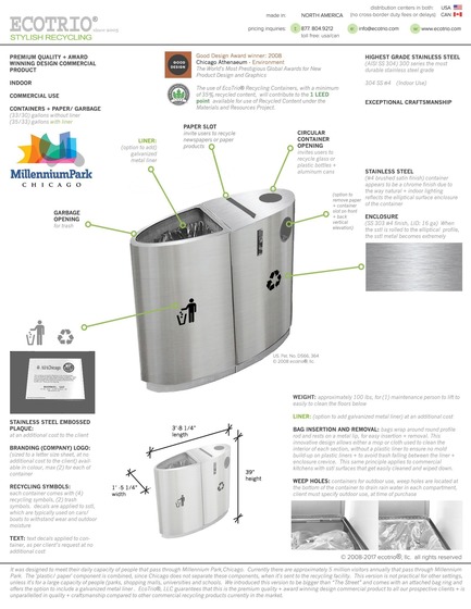 Press kit | 2707-01 - Press release | EcoTrio® Commercial Recycling Bins - EcoTrio®, LLC - Industrial Design -  EcoTrio® "The Millennium" Commercial Recycling Bin - Product Data + Specifications&nbsp;(US Pat. No. D566 364 © 2008 ecotrio®, llc) - Photo credit: Deborah Kang