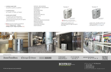 Press kit | 2707-01 - Press release | EcoTrio® Commercial Recycling Bins - EcoTrio®, LLC - Industrial Design -   EcoTrio® "The Street - I" Commercial Recycling Bin - Brochure (Inside Pages)&nbsp;(US Pat. No. D540 500 © 2007 ecotrio®, llc)  - Photo credit: Deborah Kang