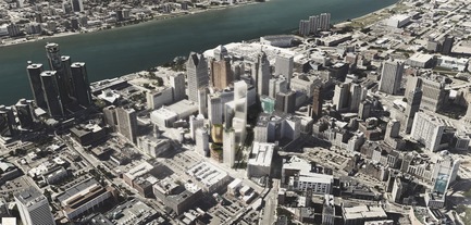 Dossier de presse | 2298-01 - Communiqué de presse | The Monroe Blocks, a Major Mixed-Use Development in the Heart of Downtown Detroit - Schmidt Hammer Lassen Architects - Design urbain - SHL_Detroit Monroe Blocks_Aerial - Crédit photo : Schmidt Hammer Lassen Architects