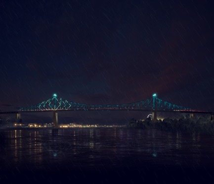Dossier de presse | 1089-02 - Communiqué de presse | Illumination du pont Jacques-Cartier | Le pont le plus connecté au monde - Moment Factory - Design multimédia -  Illumination interactive du pont Jacques-Cartier (Rendu)_Spectacle de l’heure_Météo<br>QUAND : À CHAQUE HEURE, DANS LE « SPECTACLE DE L'HEURE »<br>Influencé par les caractéristiques météorologiques du jour, telles que la température, le vent et l'humidité, le pont reflète la météo du jour.<br>  - Crédit photo : Moment Factory