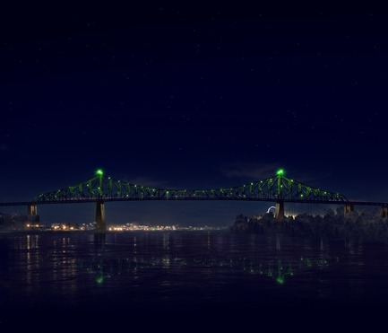 Dossier de presse | 1089-02 - Communiqué de presse | Illumination du pont Jacques-Cartier | Le pont le plus connecté au monde - Moment Factory - Design multimédia - Illumination interactive du pont Jacques-Cartier (Rendu)_Spectacle de l’heure_Humeur<br>QUAND : À CHAQUE HEURE, DANS LE « SPECTACLE DE L'HEURE »<br>Pour la dernière animation visuelle, le pont s'imprègne de l'humeur de la ville. Heureuse et joyeuse ou maussade et triste, le pont reflète, en temps réel, comment la ville s'exprime en ligne.<br>   - Crédit photo : Moment Factory