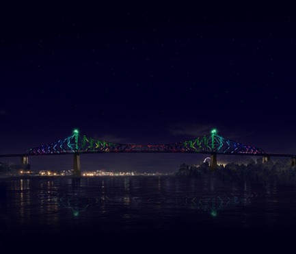 Dossier de presse | 1089-02 - Communiqué de presse | Illumination du pont Jacques-Cartier | Le pont le plus connecté au monde - Moment Factory - Design multimédia -   Illumination interactive du pont Jacques-Cartier(Rendu)_Spectacle de minuit<br>QUAND : MINUIT<br>Le pont s'illumine de vie pour signifier le changement de jour. Chaque jour révèle une nouvelle couleur, le pont passe alors par toutes les 365 couleurs du calendrier chromatique en cherchant sa nouvelle identité. Il explore des vagues et des vagues de couleurs jusqu'à ce que, finalement, le pont trouve sa nouvelle couleur du jour.<br>   - Crédit photo : Moment Factory