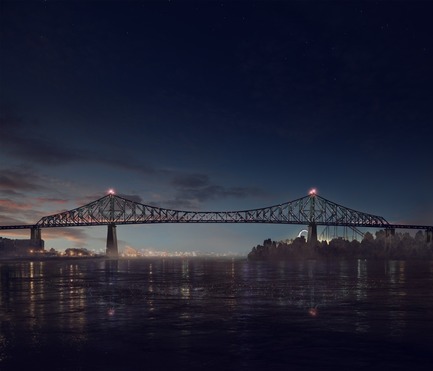 Dossier de presse | 1089-02 - Communiqué de presse | Illumination du pont Jacques-Cartier | Le pont le plus connecté au monde - Moment Factory - Design multimédia -  Illumination interactive du pont Jacques-Cartier (Rendu)_Bonjour<br>QUAND : JUSTE AVANT L'AUBE<br>Dès les premières lueurs de l'aube, la peau extérieure du pont se réveille pour saluer le soleil. S'imprégnant directement de la couleur du ciel, le pont scintille dans la lumière matinale, saluant les lève-tôt de Montréal d'un subtil « Bonjour ».<br>  - Crédit photo : Moment Factory