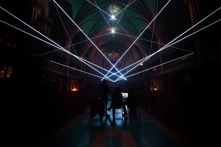 Press kit | 1089-03 - Press release | AURA Creates Awe-Inspiring Experience in the Heart of a Celebrated Historic Cathedral - Moment Factory - Multimedia Design -  Aura_Process_Integration_Lasers  - Photo credit: Moment Factory