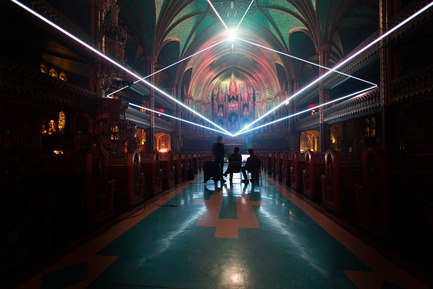 Press kit | 1089-03 - Press release | AURA Creates Awe-Inspiring Experience in the Heart of a Celebrated Historic Cathedral - Moment Factory - Multimedia Design -   Aura_Process_Integration_Lasers  - Photo credit: Moment Factory