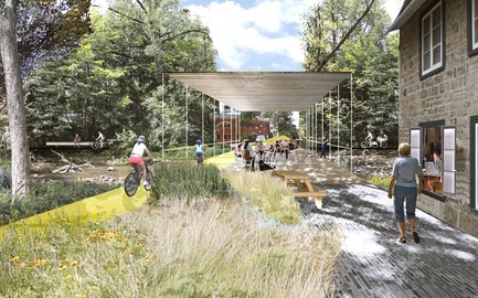 Dossier de presse | 2647-02 - Communiqué de presse | Concours international d’idéesRêvons nos rivières : trois lauréats au concours pour quatre rivières - Ville de Québec - Design urbain -  Premier prix&nbsp;-&nbsp;River Terminus of Headwater Lot Avenue Royal<br><br>The Brown Mill Dam Bridge and Park area at the intersection of Headwater Lots at Avenue Royale and Boulevard François-De Laval is a space for cultural activity. It invited people to stay and enjoy the sounds of the cascades.<br>  - Crédit photo : L’équipe CADASTER
