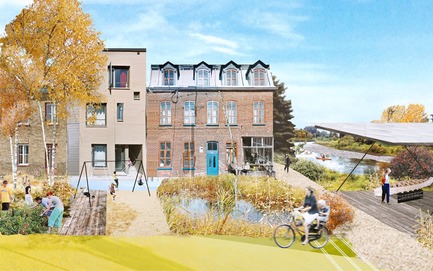 Dossier de presse | 2647-02 - Communiqué de presse | Concours international d’idéesRêvons nos rivières : trois lauréats au concours pour quatre rivières - Ville de Québec - Design urbain -  Premier prix&nbsp;- River Terminus of Headwater Lot at Pointe-aux-Lièvres<br><br>The covered platform at the river space is shown as a exhibition grounds connected to Pointe-aux-Lièvres sports site and proposed park redevelopment area. This terminus is grounds to celebrate the relationship between the expanded mixed-use corridor, existing urban areas, and ecological design of the headwater lot.<br>  - Crédit photo : L’équipe CADASTER